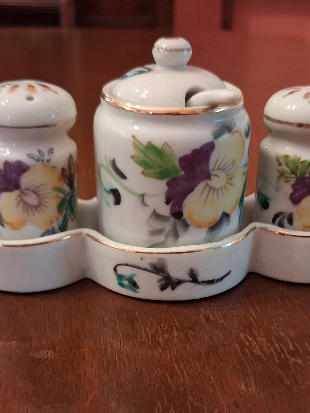 Noritake Floral Porcelain Condiment Set in White, Purple, Green, Gold Trim